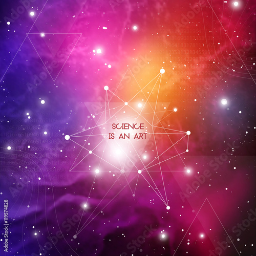 Science is an art. Scientific design template with copy space. Hipster triangles and molecule structure on space background. Vector design for music albums, posters, flyers, web design and mobile