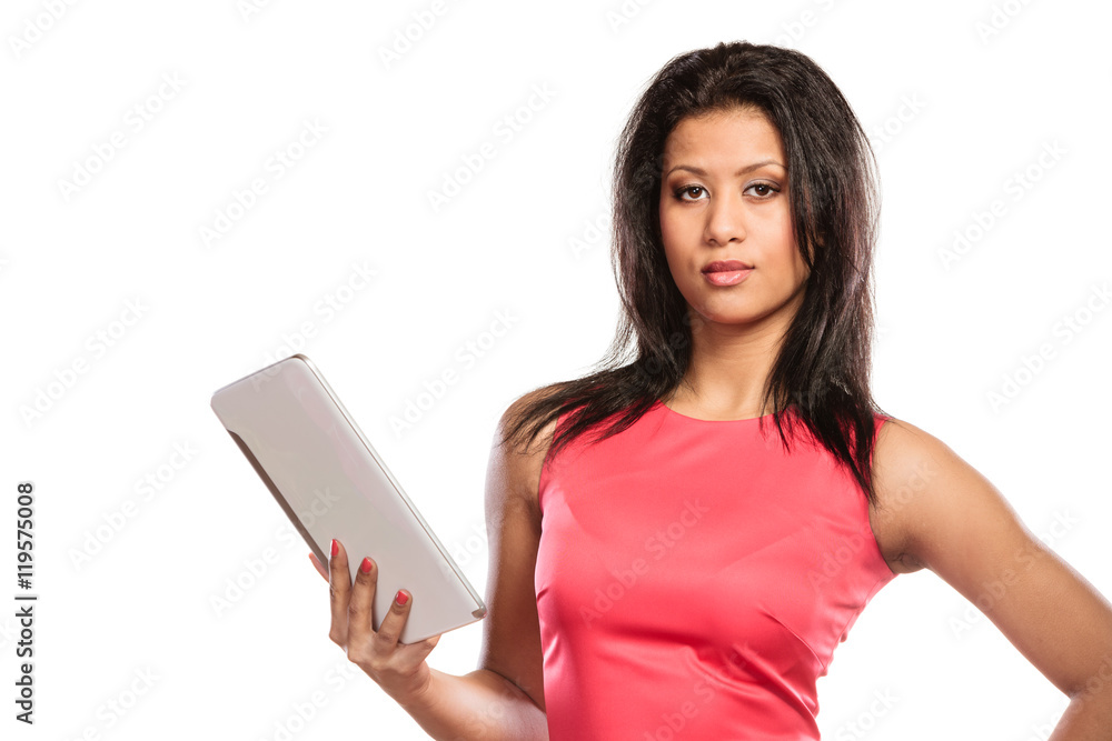 Mixed race african woman using pc tablet. Mixed race african woman using pc tablet.