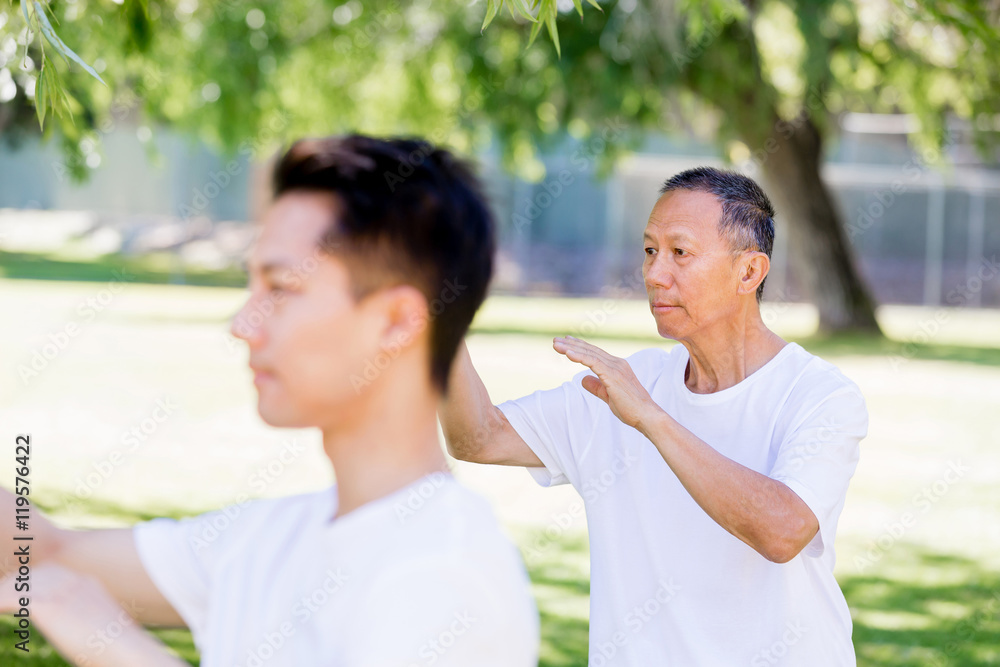 People practicing thai chi in park People practicing thai chi in park