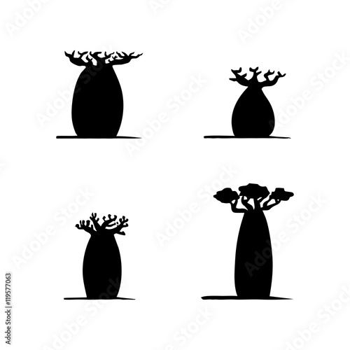 Fotografia, Obraz vector set of four hand drawing black baobabs