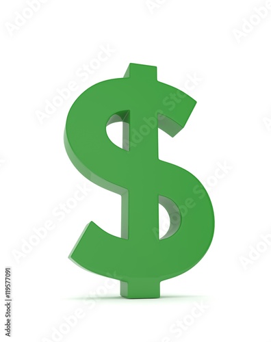 Isolated green dollar sign on white background. American currency. Money green economy symbol. 3D rendering.