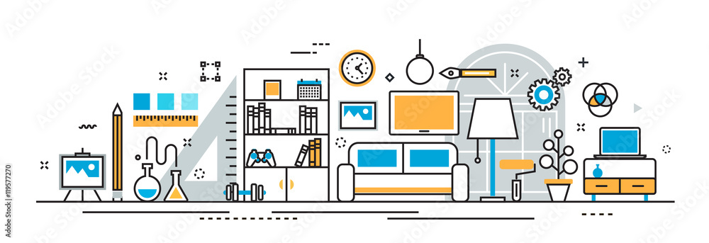 Flat line vector design illustration concept of interior design process ...