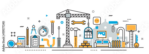 Flat line vector design illustration concept of house and home remodel process, repair service, building, painting, renovation, construction for website banner and landing page header, infographics