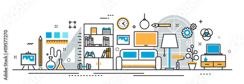 Flat line vector design illustration concept of interior design process, furniture, painting, construction, decoration for website banner, header and landing page linear, icons and infographics