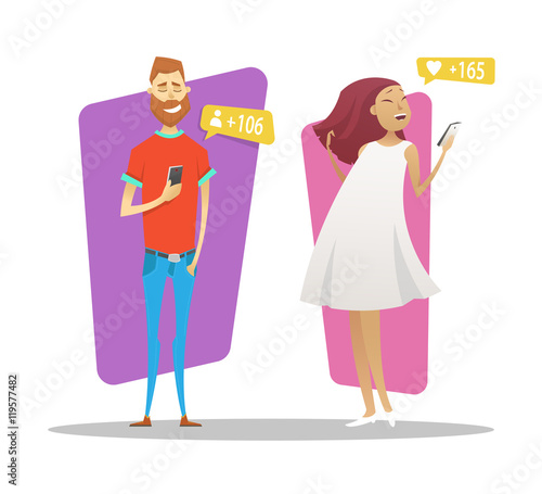 Young man and women uses his smartphone to find friends. Vector illustration of the mobile chat.