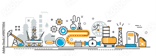 Flat line vector design illustration concept of oil and gas production industry process, petroleum product, oil extraction, valving, oil well pump for website banner header and landing page linear