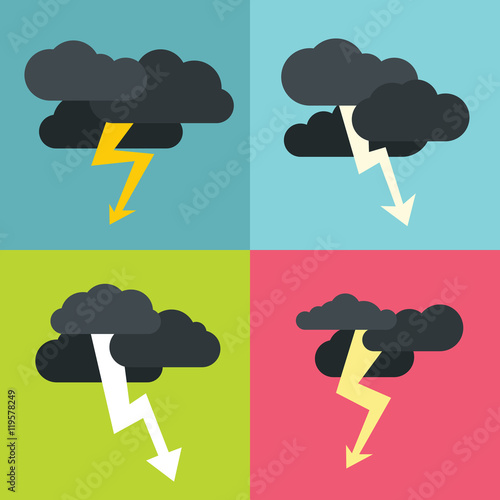Thunderclouds flat icons on color background
