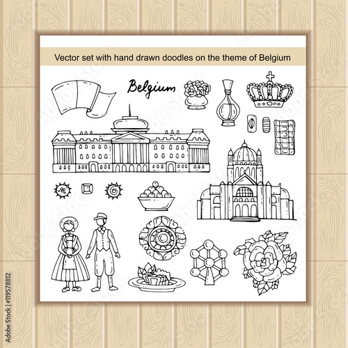 Vector set with hand drawn isolated doodles on the  theme of Belgium