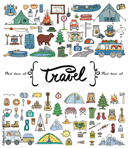 Vector set with hand drawn colored doodles on the  theme of tourism