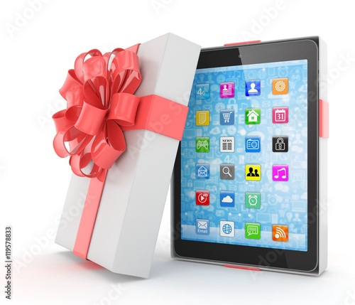 Tablet in white gift box with red bow and ribbons on white. 3D rendering.