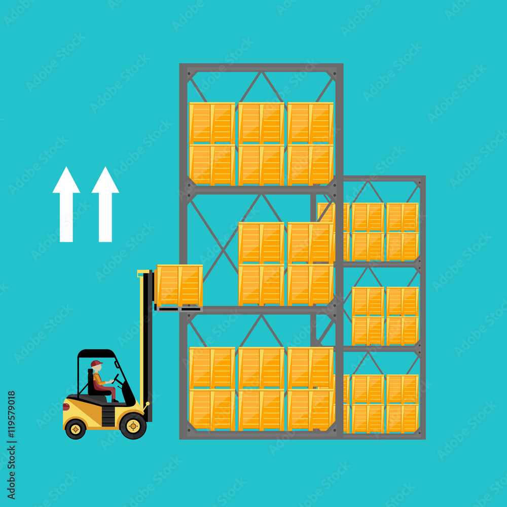 Forklift truck with boxes on pallet isolated vector illustration. Warehouse process concept.