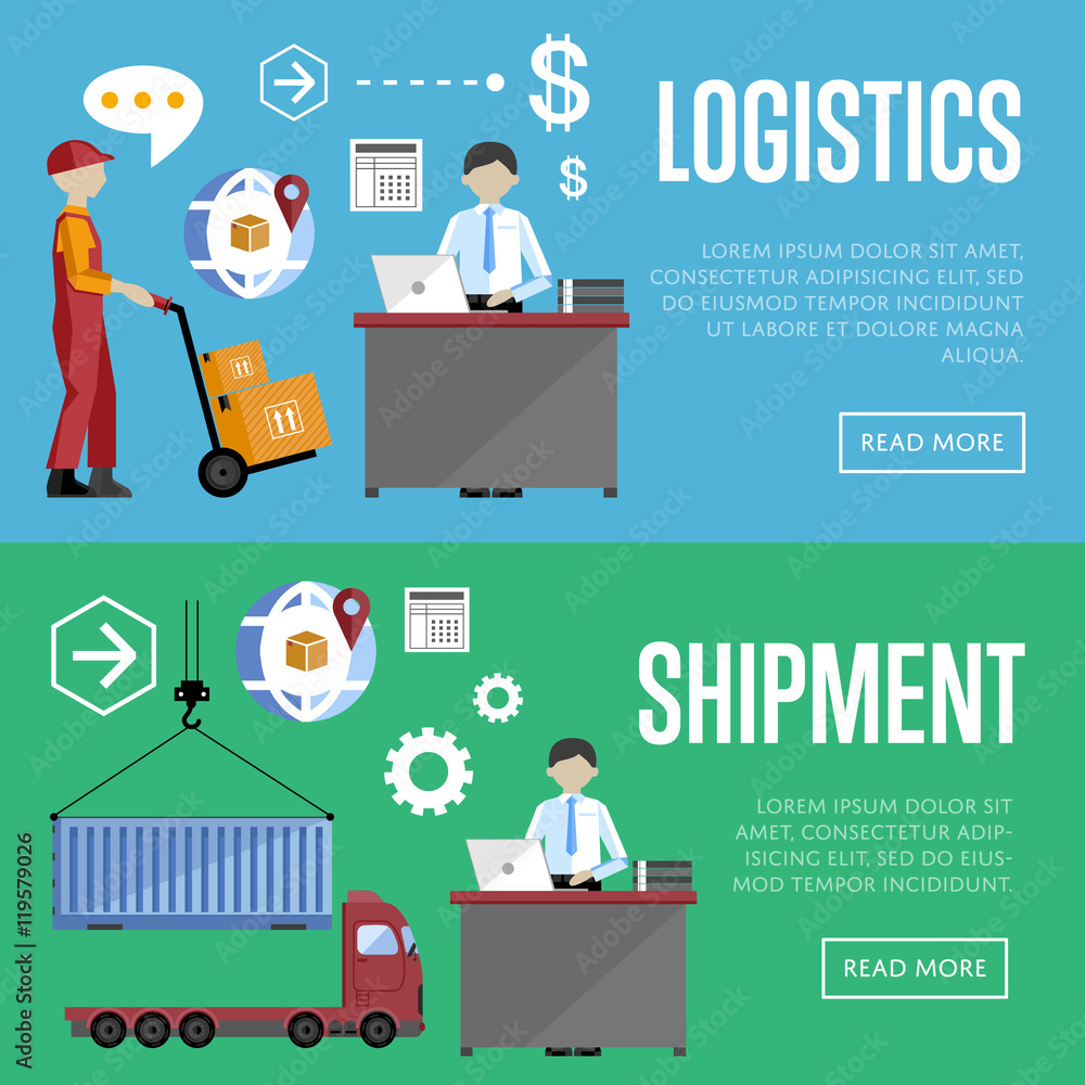 Logistics process services banners set of distribution, transportation and delivery isolated vector illustration. Warehouse management concept. Flate design style. Logistics process services banners set of distribution, transportation and delivery isolated vector illustration. Warehouse management concept. Flate design style.