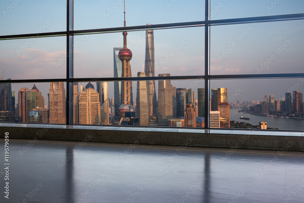 shanghai cityscape seen through window,digitally generated image.