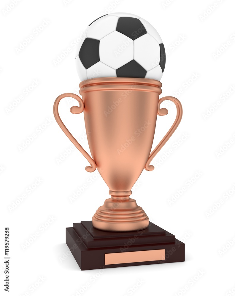 Bronze cup and ball on white background. 3D rendering.