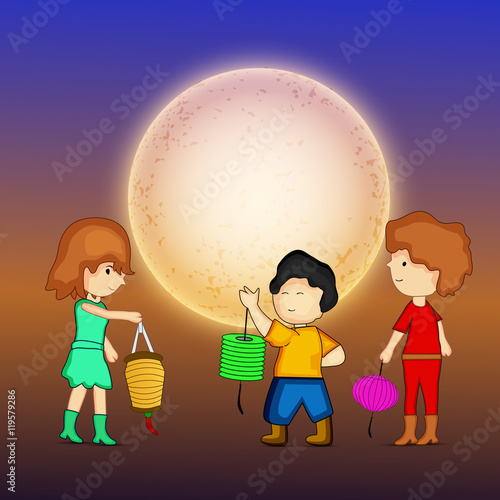Illustration of background with kids holding lanterns and full moon for Mid-Autumn festival 