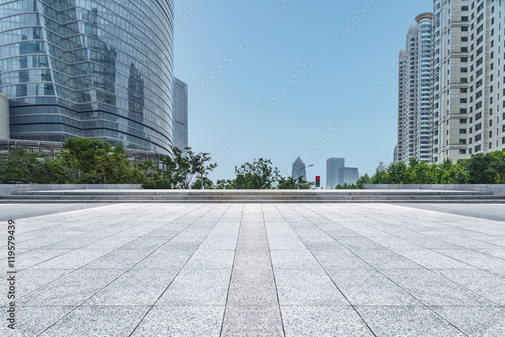 empty brick floor with city skyline background empty brick floor with city skyline background