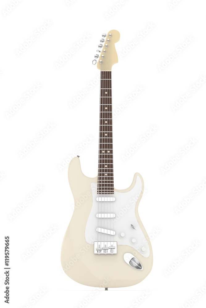 Isolated beige electric guitar on white background.  Musical instrument for rock, blues, metal songs. 3D rendering.
