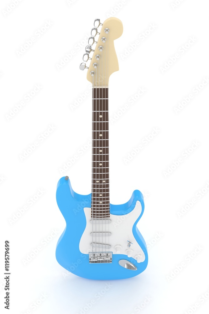 Isolated blue electric guitar on white background.  Musical instrument for rock, blues, metal songs. 3D rendering.