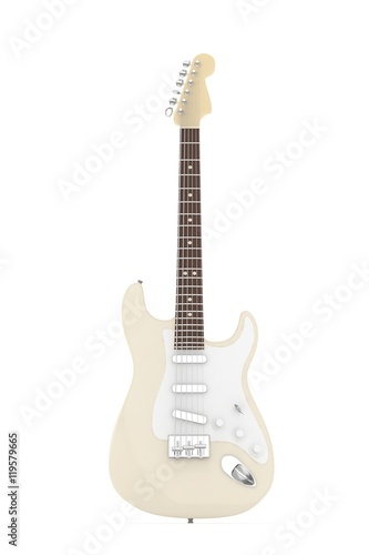 Isolated beige electric guitar on white background. Musical instrument for rock, blues, metal songs. 3D rendering.