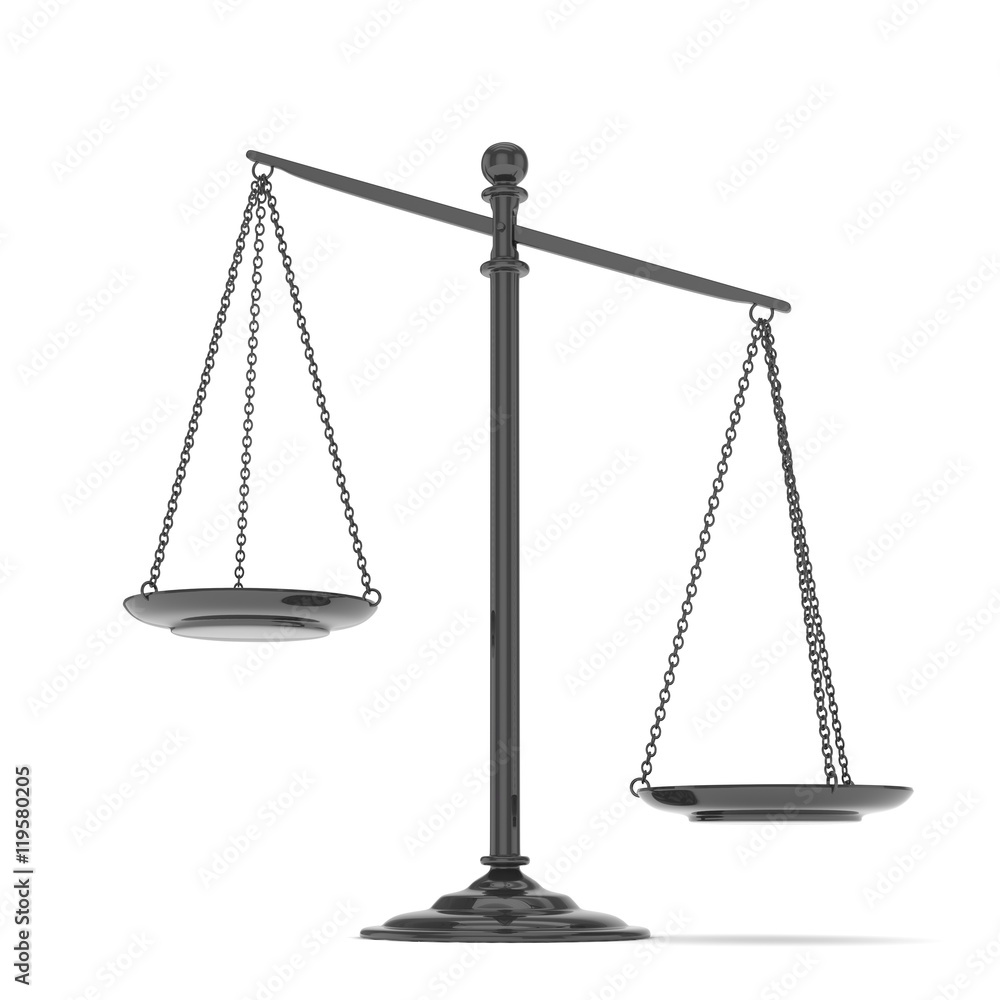 Isolated black scales on white background. Symbol of judgement. Law, measurement, liberty in one concept. 3D rendering. Isolated black scales on white background. Symbol of judgement. Law, measurement, liberty in one concept. 3D rendering.