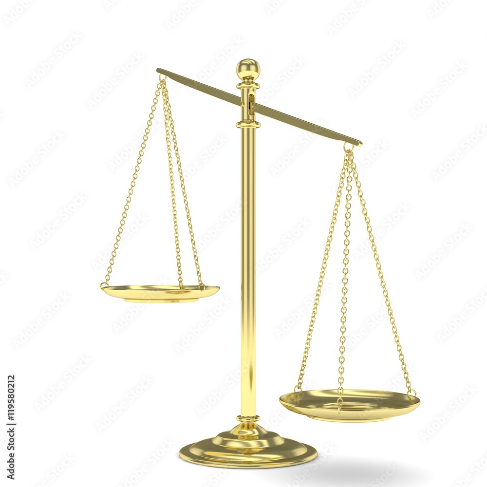 Isolated white golden scales on white background. Symbol of judgement. Law, measurement, liberty in one concept. 3D rendering. Isolated white golden scales on white background. Symbol of judgement. Law, measurement, liberty in one concept. 3D rendering.
