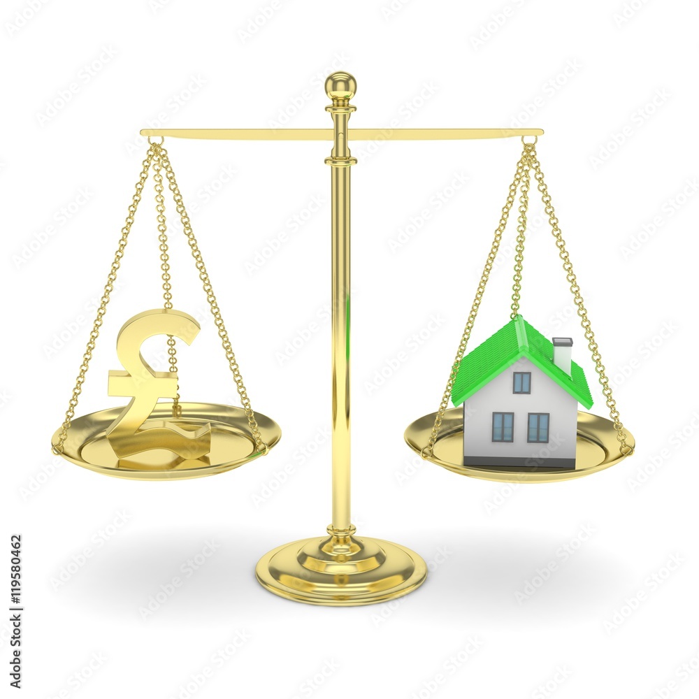 Isolated golden scales with golden pound and house on white background. Investment or savings concept. Real estate and currency. 3D rendering. Isolated golden scales with golden pound and house on white background. Investment or savings concept. Real estate and currency. 3D rendering.