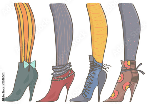 Set of colorful, stylish boots for women. Vector collection of high heels boots with stockings, all on white background.