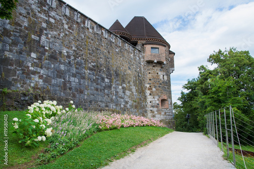 Back of the Ljubljana Castle with tower in Slovenia