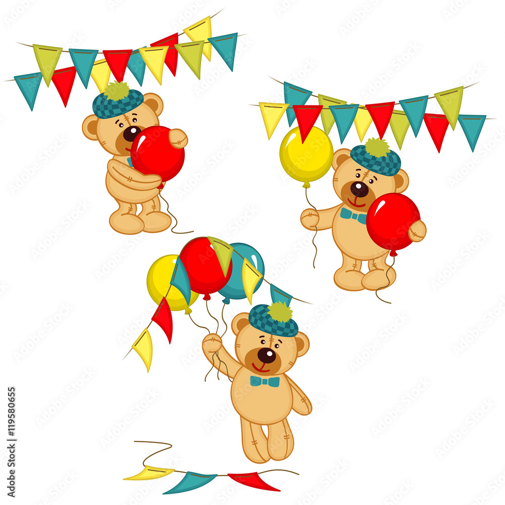 Fototapeta premium set of isolated teddy bear with balloons and garlands - vector illustration, eps