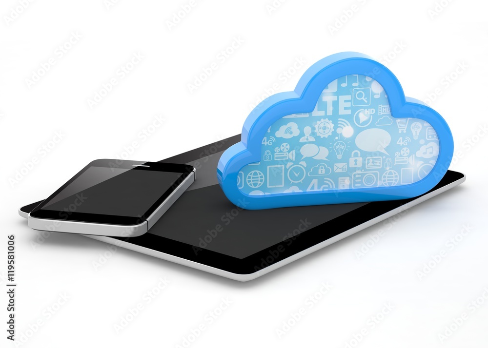 tablet pc, smart phone and cloud. 3d rendering. tablet pc, smart phone and cloud. 3d rendering.