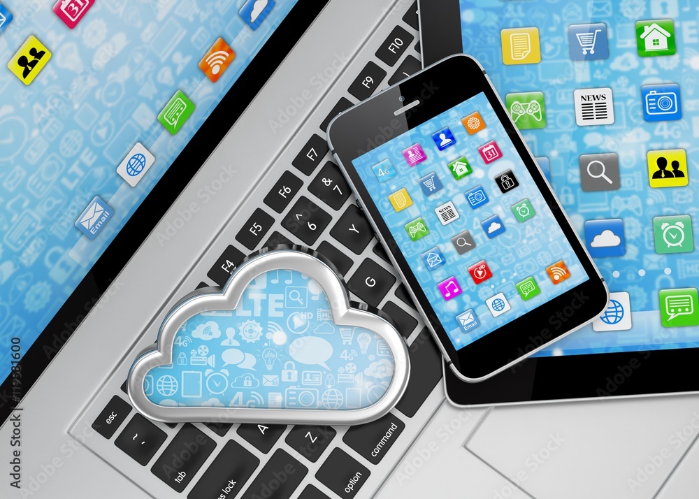 laptop, tablet pc, smart phone and cloud. 3d rendering. laptop, tablet pc, smart phone and cloud. 3d rendering.