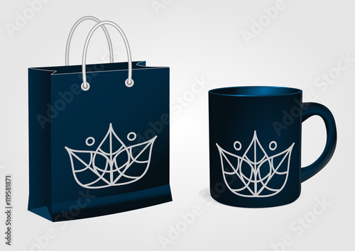 Blank realistic shopping bags and blue cup isolated on white vector. Display Mock up for corporate identity and promotion objects