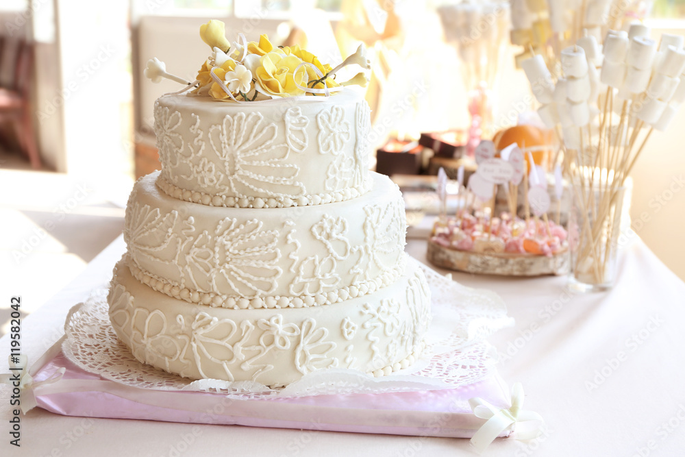 Tasty wedding cake on the table