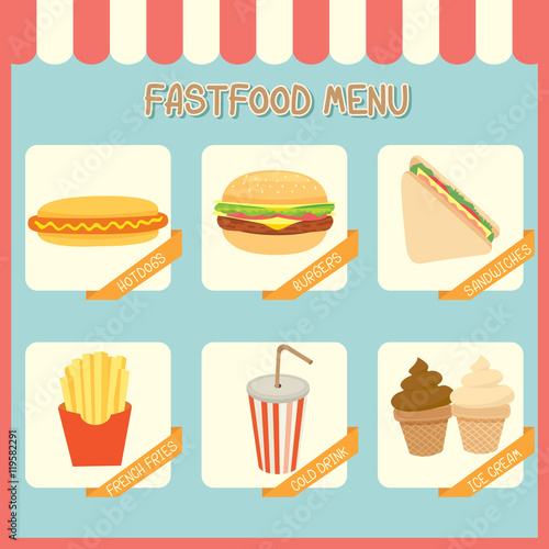 Illustration vector of fastfood menu of cafe shop on pastel background colors.