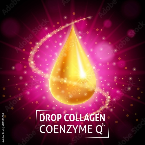 Serum Collagen Coenzyme , realistic golden drop on a crimson background. Taking care of the skin. Anti age hyaluronic serum. Design cosmetics. Vector illustration