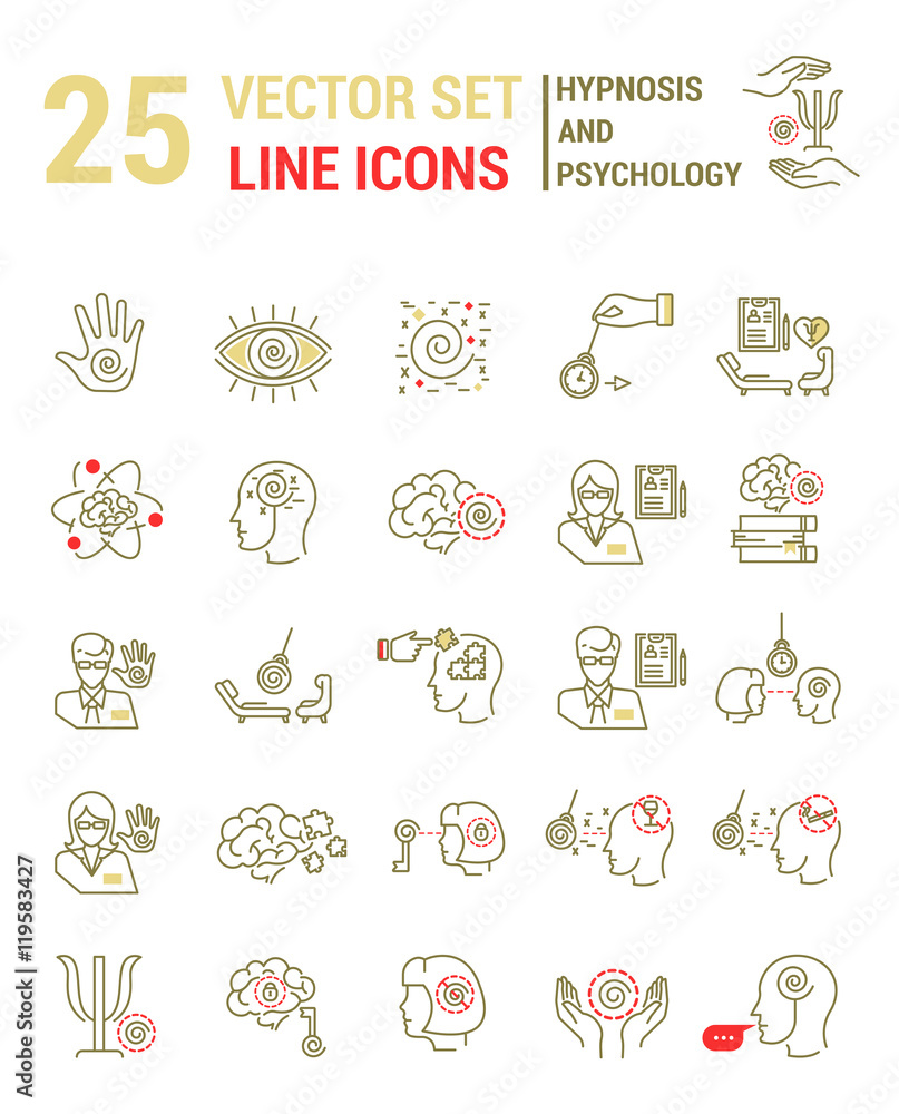 Set vector line icons in flat design with hypnosis and psychology elements for mobile concepts and web apps. Collection modern infographic logo and pictogram. Set vector line icons in flat design with hypnosis and psychology elements for mobile concepts and web apps. Collection modern infographic logo and pictogram.