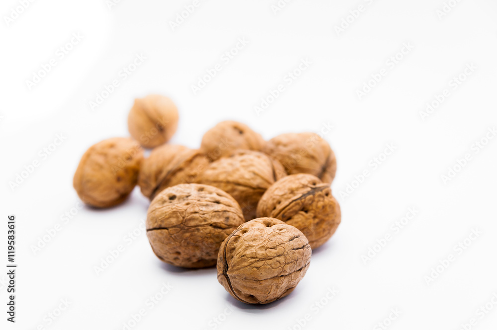 closeup of group of walnuts on white background closeup of group of walnuts on white background