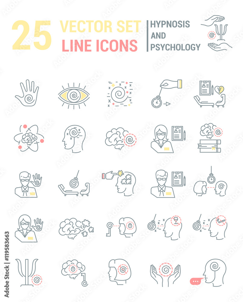 Set vector line icons in flat design with hypnosis and psychology elements for mobile concepts and web apps. Collection modern infographic logo and pictogram. Set vector line icons in flat design with hypnosis and psychology elements for mobile concepts and web apps. Collection modern infographic logo and pictogram.