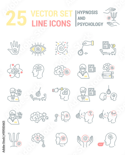 Set vector line icons in flat design with hypnosis and psychology elements for mobile concepts and web apps. Collection modern infographic logo and pictogram.