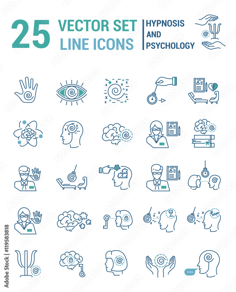 Set vector line icons in flat design with hypnosis and psychology elements for mobile concepts and web apps. Collection modern infographic logo and pictogram.