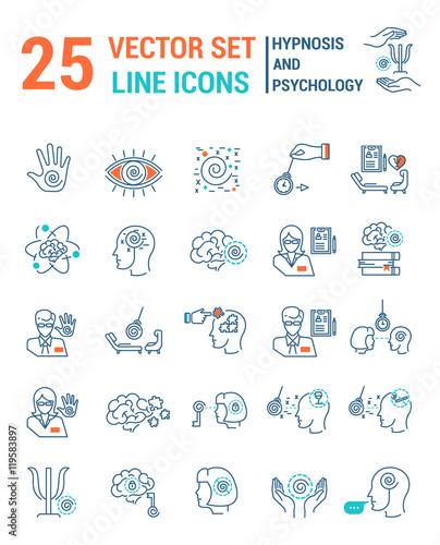 Set vector line icons in flat design with hypnosis and psychology elements for mobile concepts and web apps. Collection modern infographic logo and pictogram.