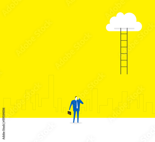 The ladder to cloud / A business person is thinking about how to climb the ladder to cloud.