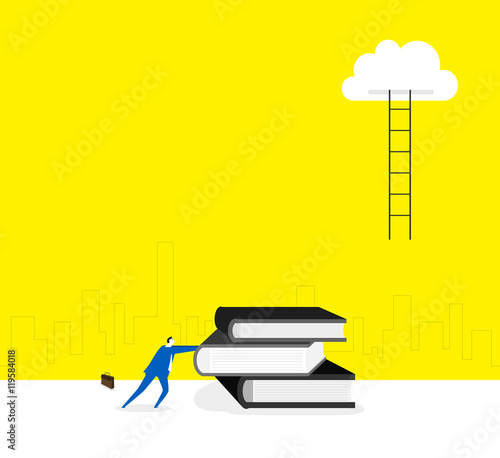 The ladder to cloud / A businessman is pushing books as steps to climb the ladder to cloud.