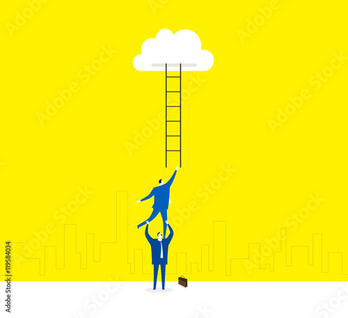 The ladder to cloud / Two business men work together to climb the ladder to cloud.