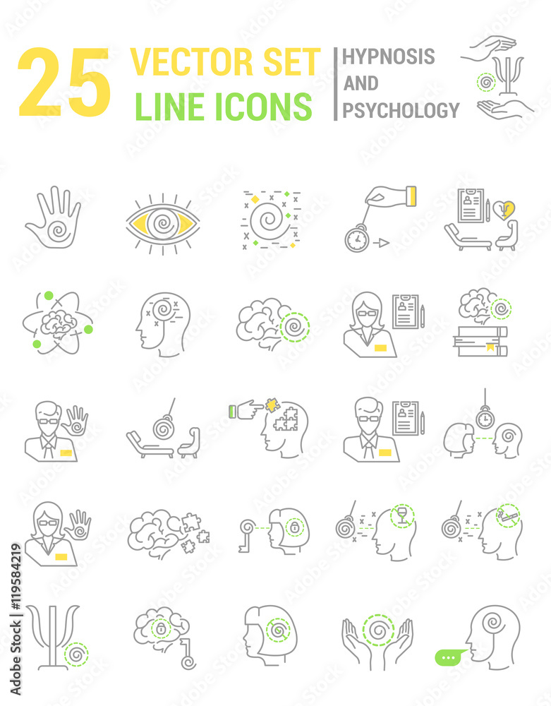 Set vector line icons in flat design with hypnosis and psychology elements for mobile concepts and web apps. Collection modern infographic logo and pictogram. Set vector line icons in flat design with hypnosis and psychology elements for mobile concepts and web apps. Collection modern infographic logo and pictogram.