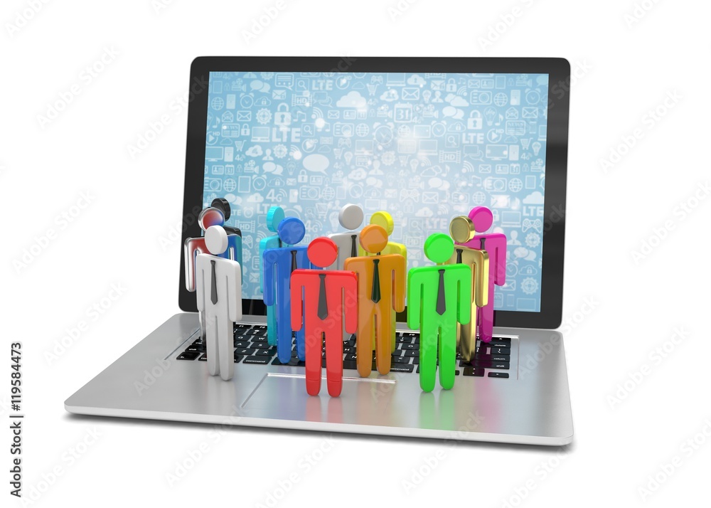 group of people figures on laptop, 3d render group of people figures on laptop, 3d render