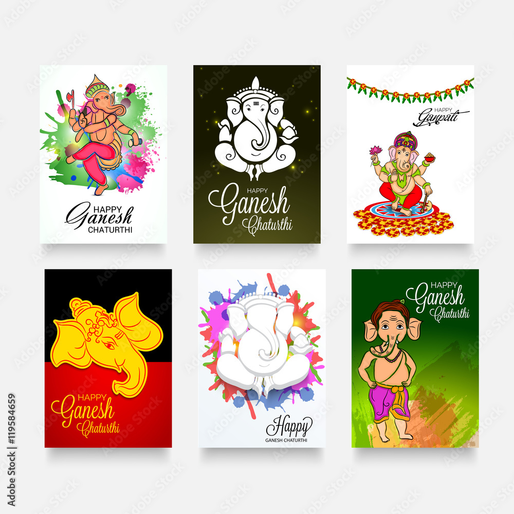 Ganesha chaturthi festival greeting card set.
