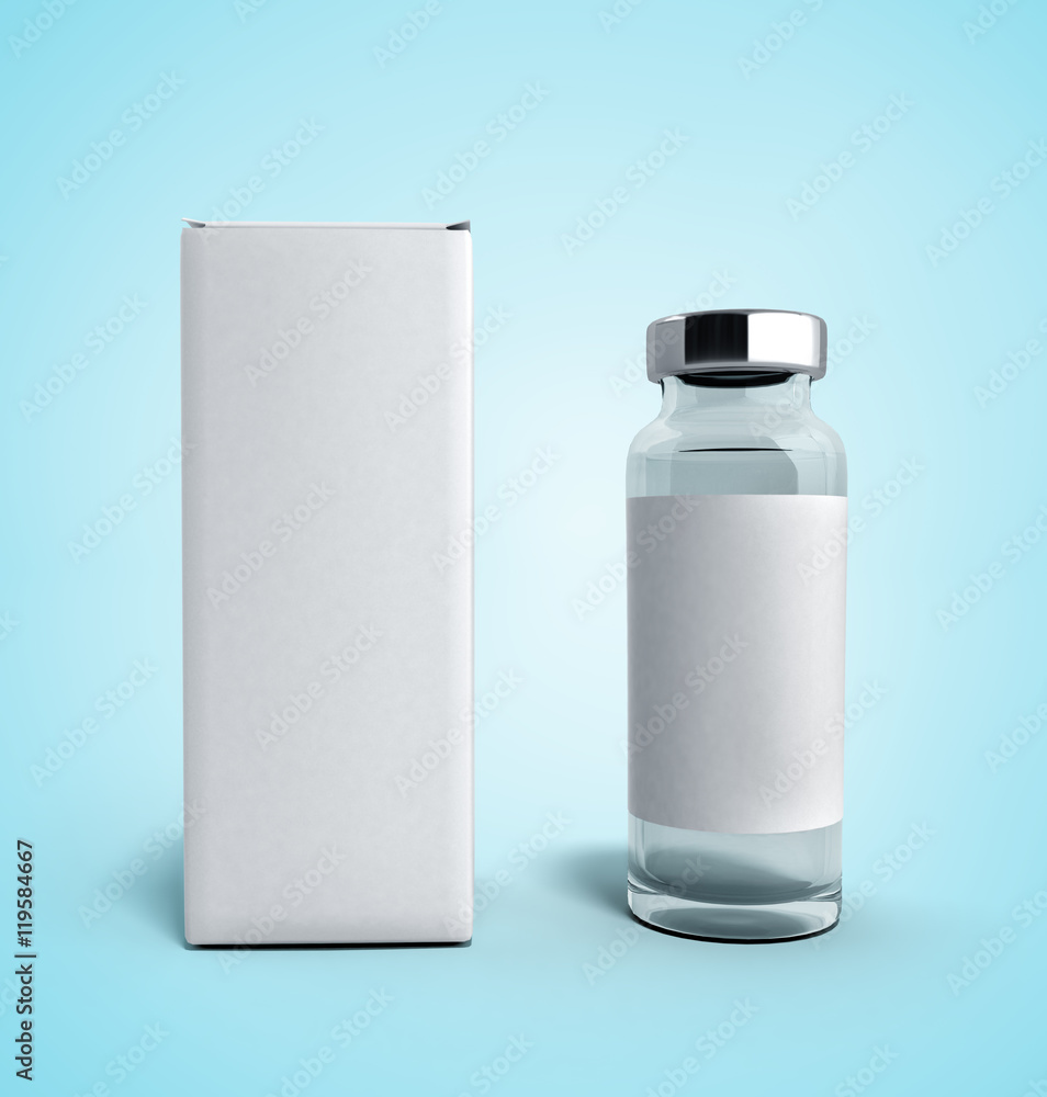 empty medical ampoule with a box 3d illustration on white blue g empty medical ampoule with a box 3d illustration on white blue g
