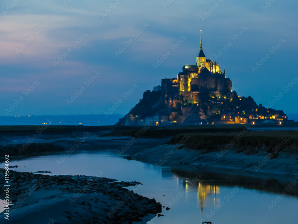 The Mont Saint Michele Abbey taken in blue hour, France