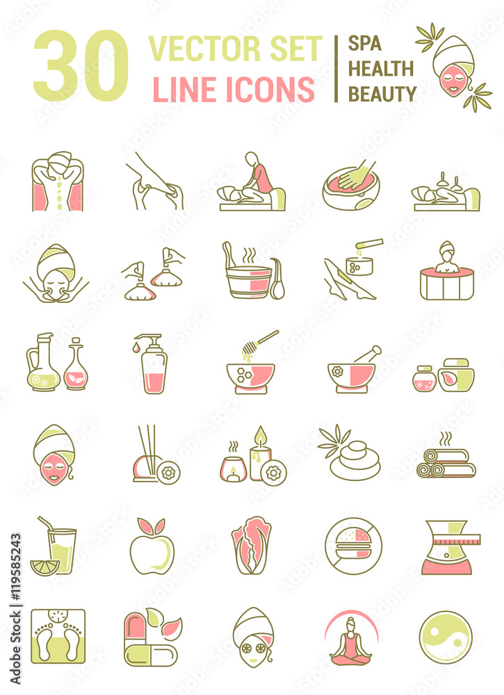 Set of linear icons on the topic of health, beauty, Spa therapy,